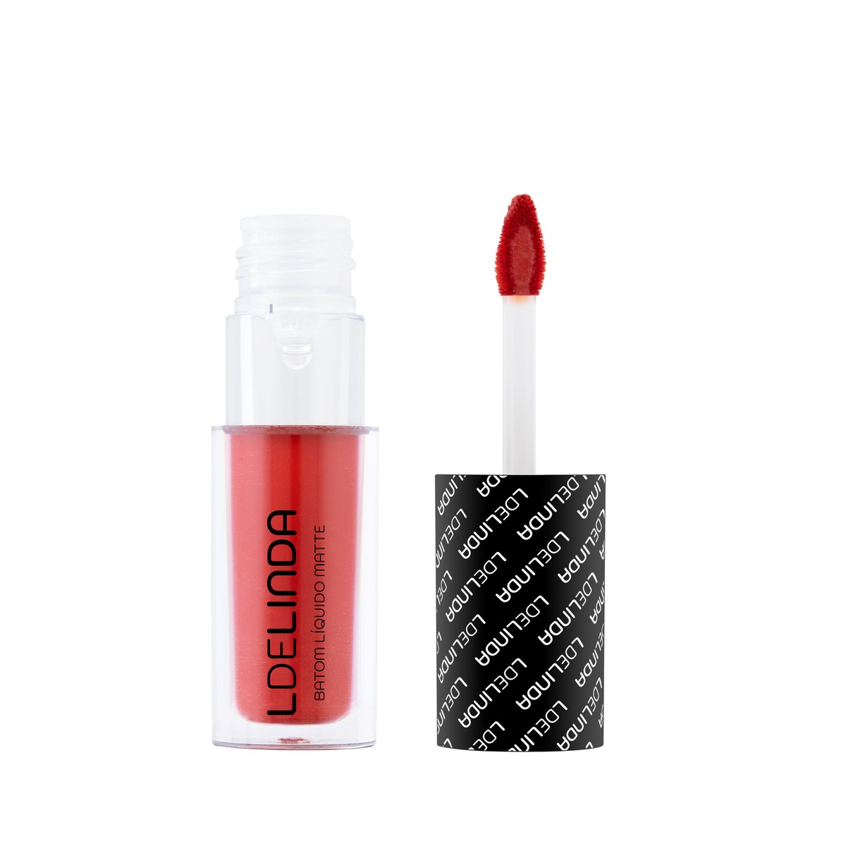 Bala do batom líquido matte vermelho clássico Cássia da L de Linda com aplicador, fundo branco
