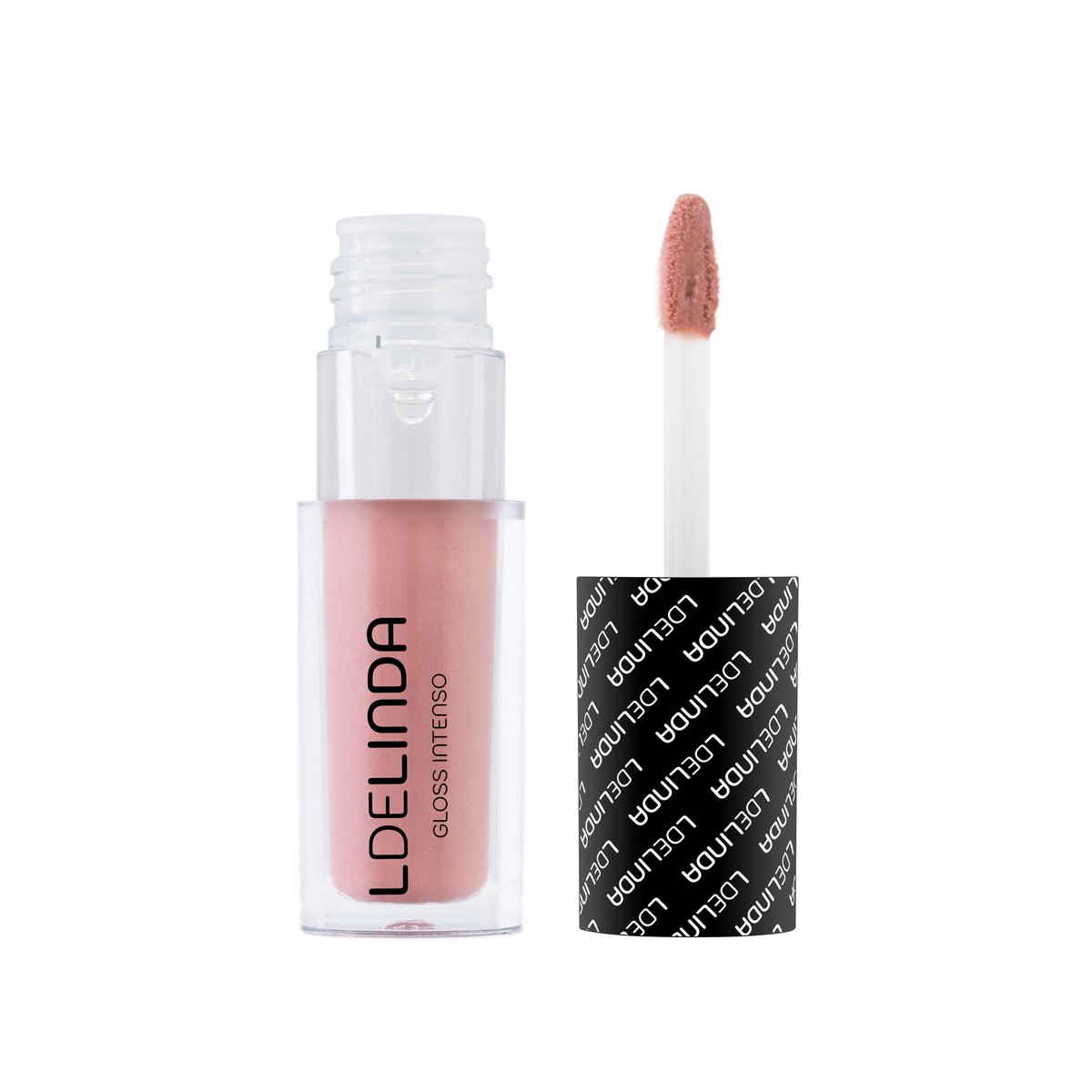 Tubo do gloss labial pink intenso Vida da L de Linda com aplicador doe foot, fundo branco