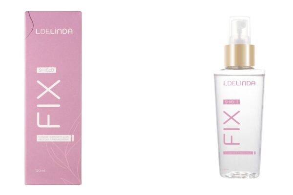 Caixa e frasco do spray fixador de maquiagem Fix Shield da L de Linda em fundo branco