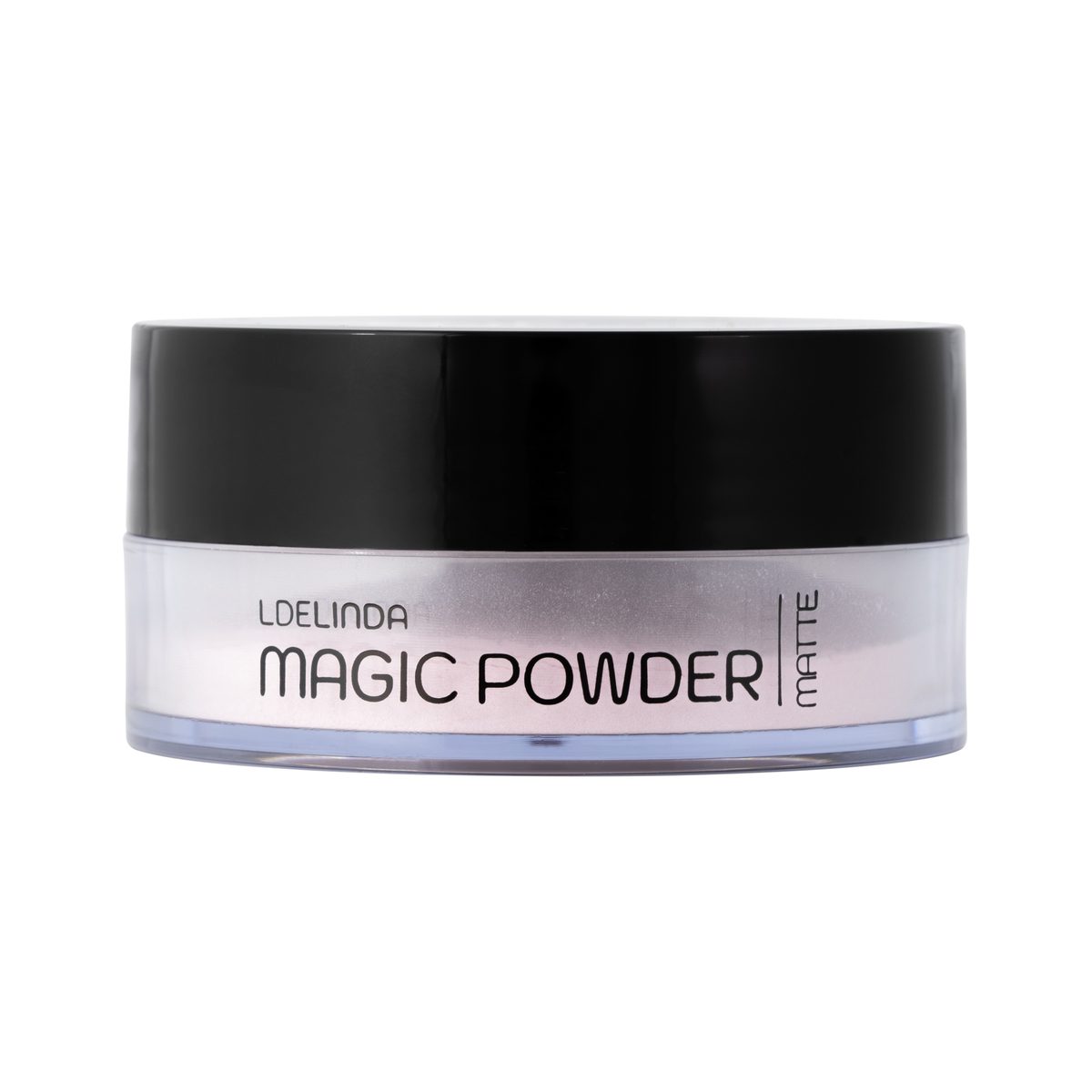 Pó Translúcido: para que Serve e Quando Usar Matte ou Glow Pote aberto do pó solto matte translúcido Magic Powder Rose Matte da L de Linda com rótulo visível