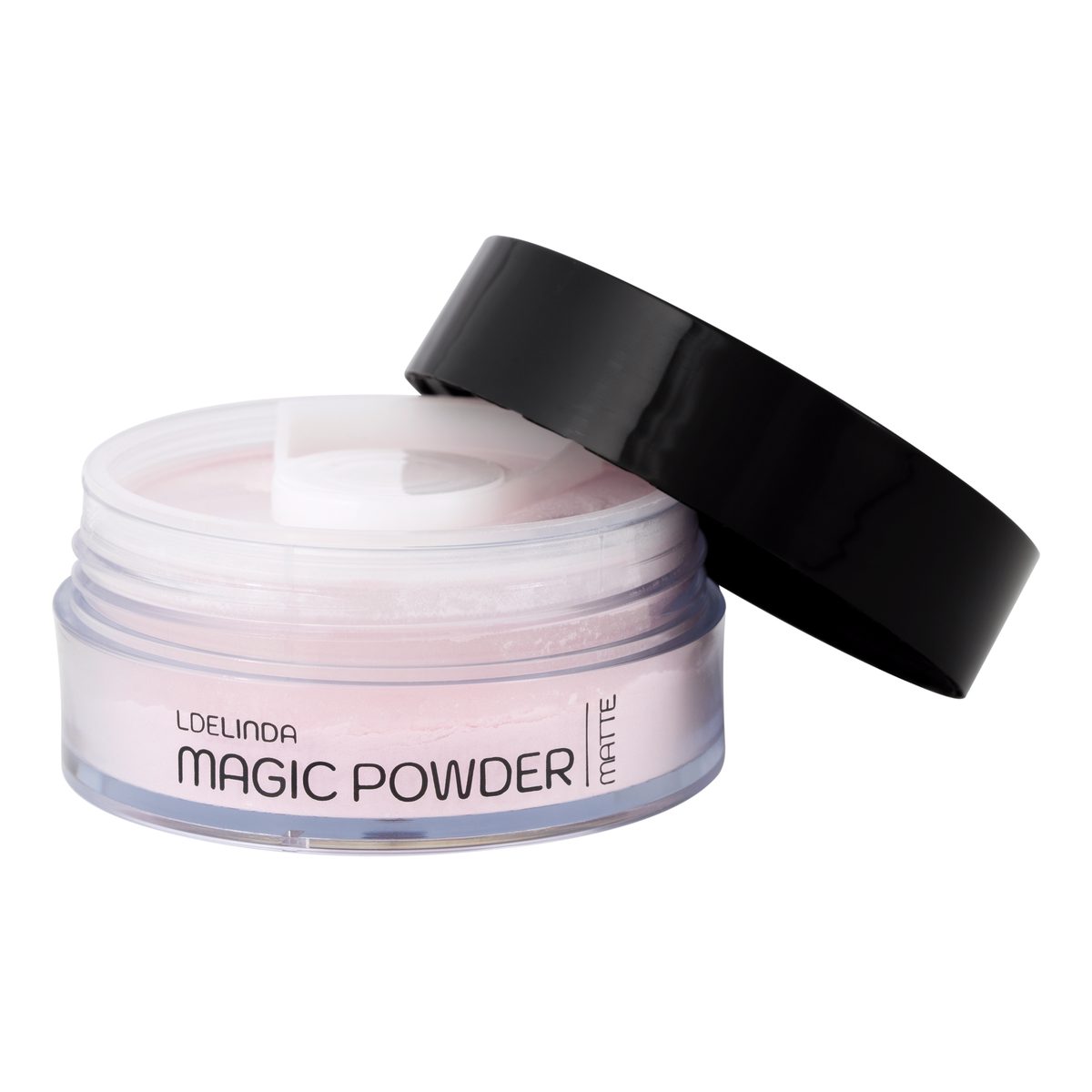 Pó Translúcido: para que Serve e Quando Usar Matte ou Glow Textura solta do pó translúcido matte Magic Powder da L de Linda espalhada, mostrando a granulação ultrafina