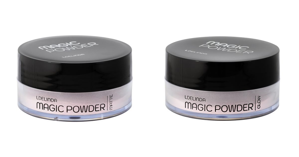 Pó Translúcido: para que Serve e Quando Usar Matte ou Glow Potes dos pós soltos Magic Powder Matte e Magic Powder Glow da L de Linda lado a lado em fundo branco